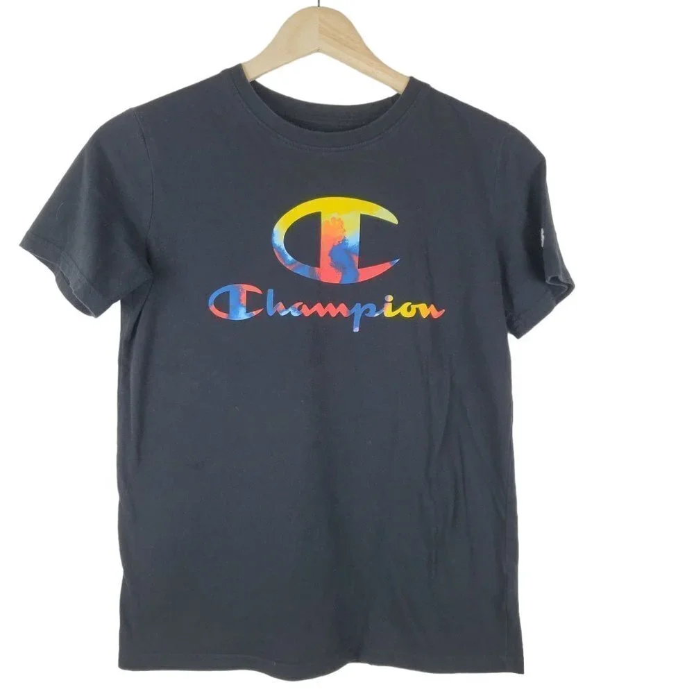 Champion Tshirt Boys Large Black Short sleeves red blue yellow graphic
